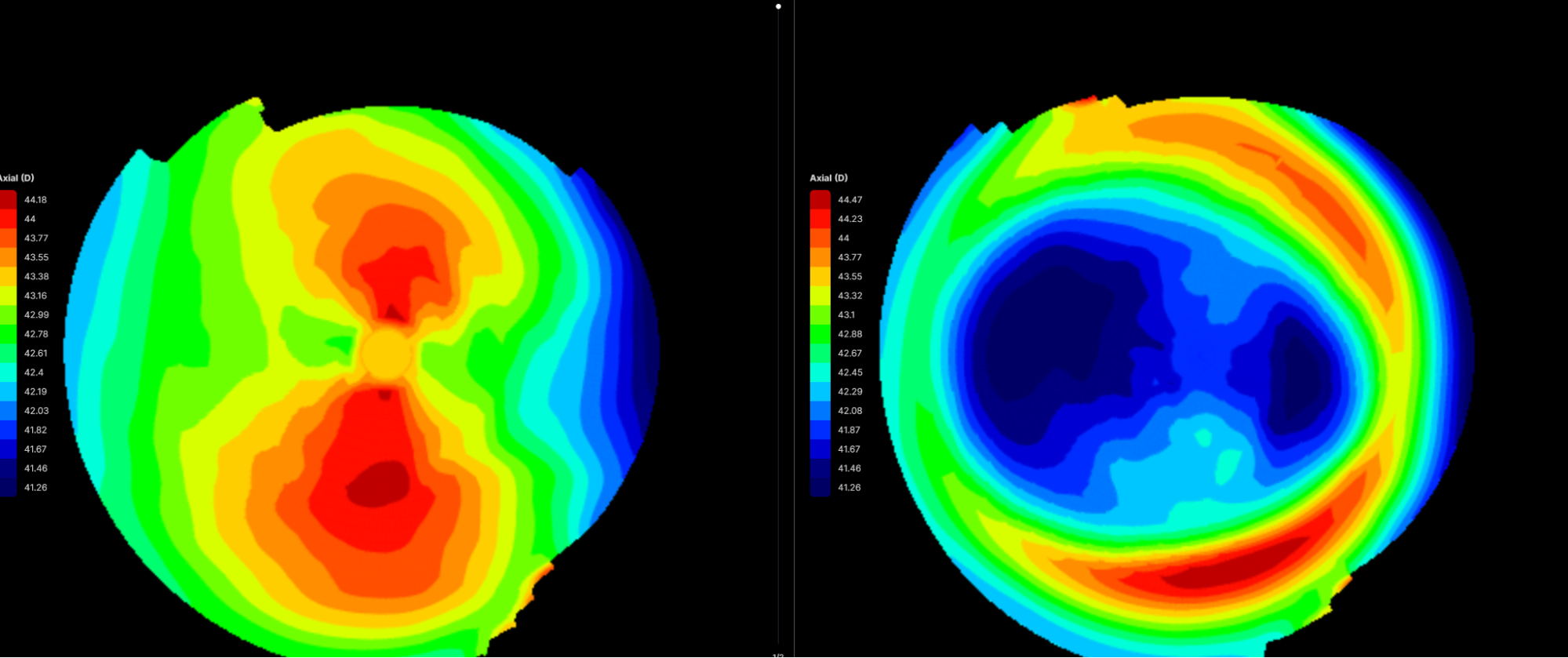 Side-by-side corneal topography maps showing the eye's surface before and after orthokeratology treatment. The left map shows irregular corneal shape in red tones, while the right map shows a smoother, more uniform shape in blue tones after overnight Ortho-K lens wear.